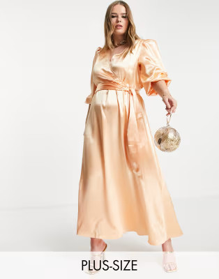Vila Curve Bridesmaid wrap front maxi dress in apricot satin | ASOS (Global)