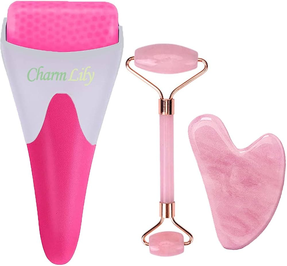 Rose Quartz & Ice Roller + Gua Sha Massager Tool Set for Face & Eyes by Charmlily, Puffiness, Red... | Amazon (US)