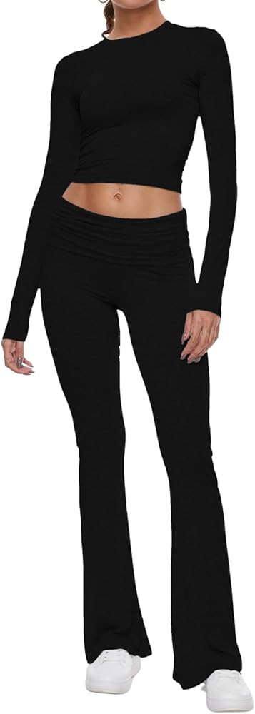 AnotherChill Women's 2 Piece Lounge Sets Fold-over Flare Pants Set Long Sleeve Cropped Top Casual... | Amazon (US)