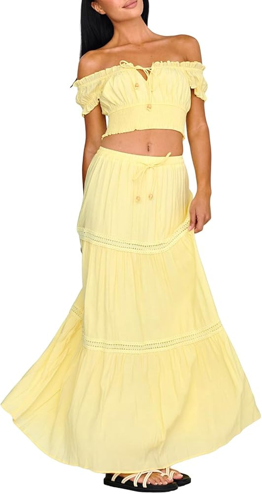 Womens Two Piece Summer Boho Outfit Off Shoulder Crop Top Maternity High Waist Maxi Skirt Beachea... | Amazon (US)