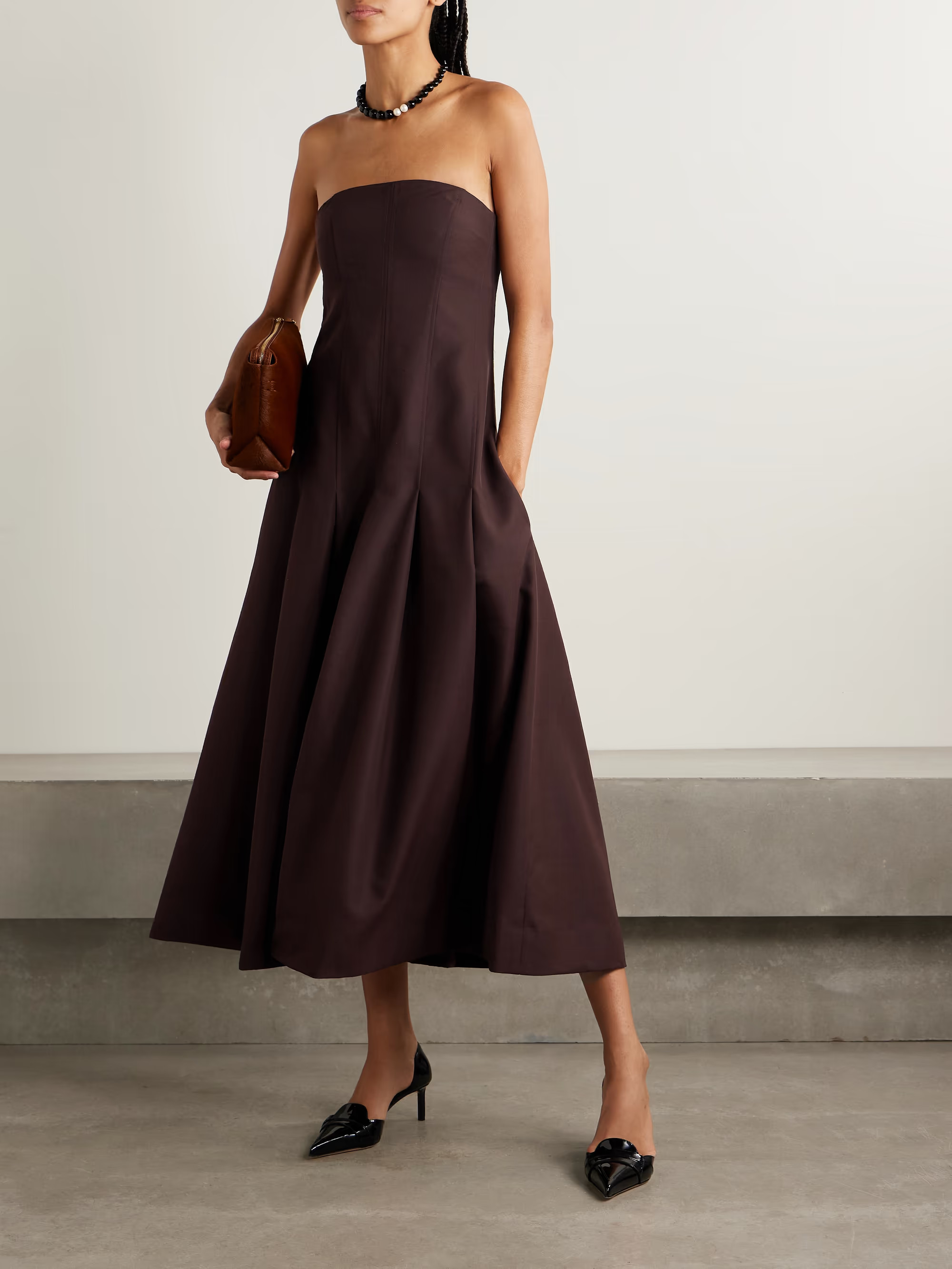 Vestido midi plissado em sarja de lã mista Maeve | NET-A-PORTER (US)
