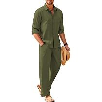 COOFANDY Mens 2 Piece Outfits Long Sleeve Button Down Cuban Shirt and Pants Set Summer Beach Sets | Amazon (US)