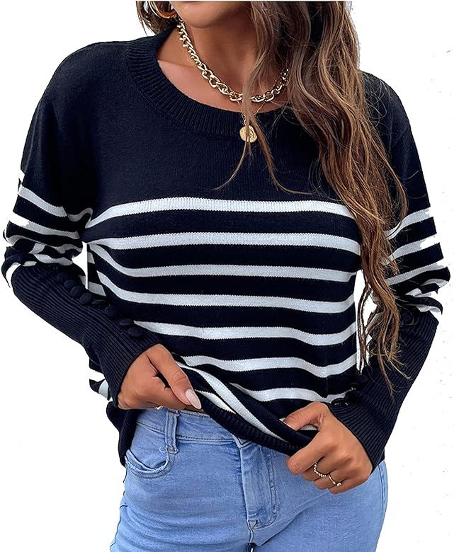 FEIYOUNG Womens Casual Round Neck Button Sleeve Pullovers Soft Striped Sweater Shirts | Amazon (US)