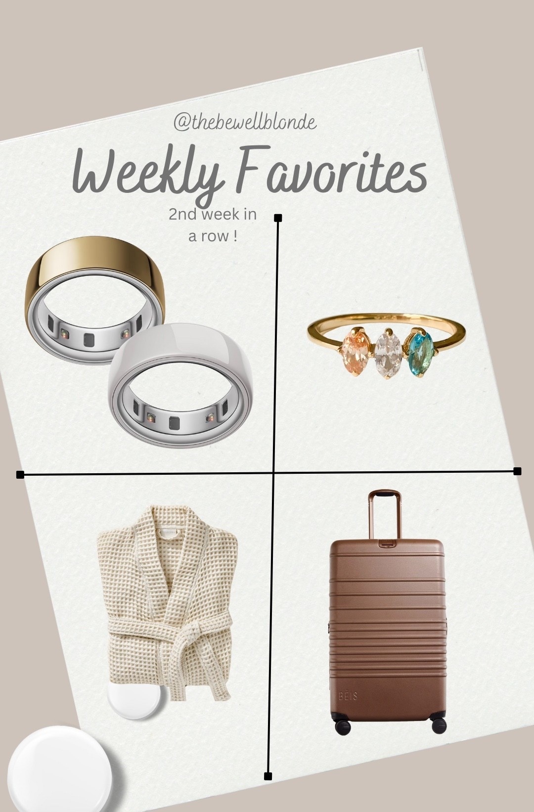 Weekly favorites
Oura ring
Robe
Luggage
Beis
Personalized gift 

#LTKActive #LTKGiftGuide #LTKTravel
