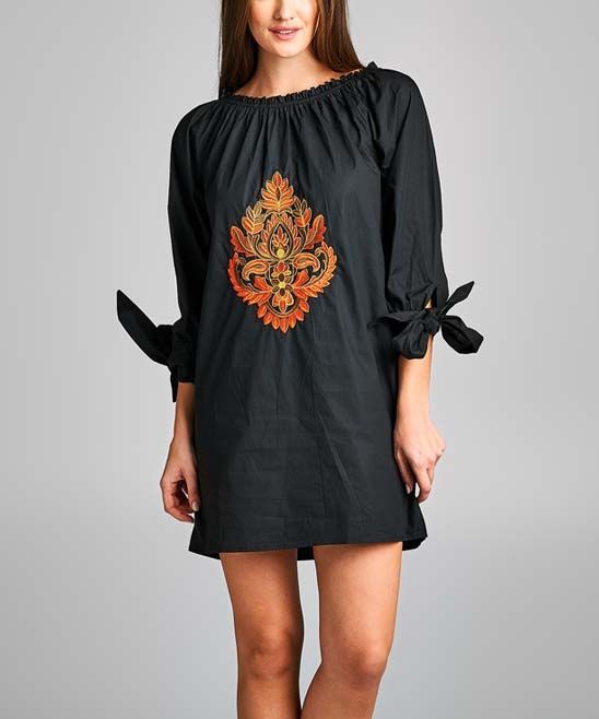 Simply Boho LA Women's Casual Dresses black - Black Arabesque-Embroidered Off-Shoulder Tunic Dress - | Zulily