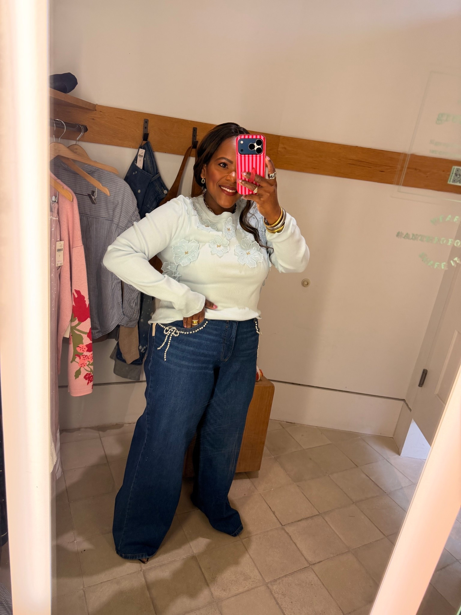 These pearl detailed jeans are so fun and love this long sleeve flower embroidered tee for a dopamine outfit all from @Anthropologie!  

#LTKootd #LTKSpringSale #LTKgrwm