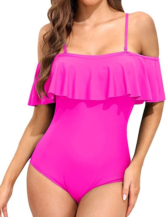 Tempt Me Women's Ruffle One Piece Off Shoulder Swimsuits Flounce Printed Retro Bathing Suit | Amazon (US)