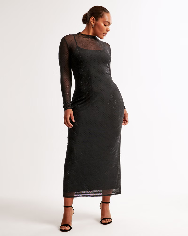 Long-Sleeve Rhinestone Mesh Maxi Dress | Abercrombie & Fitch (US)