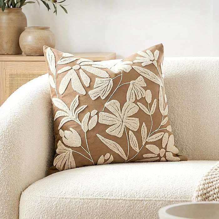 BlissBlush 20x20 Throw Pillow Cover, Square Brown Decorative Cushion Cover for Couch Sofa, Embroi... | Amazon (US)