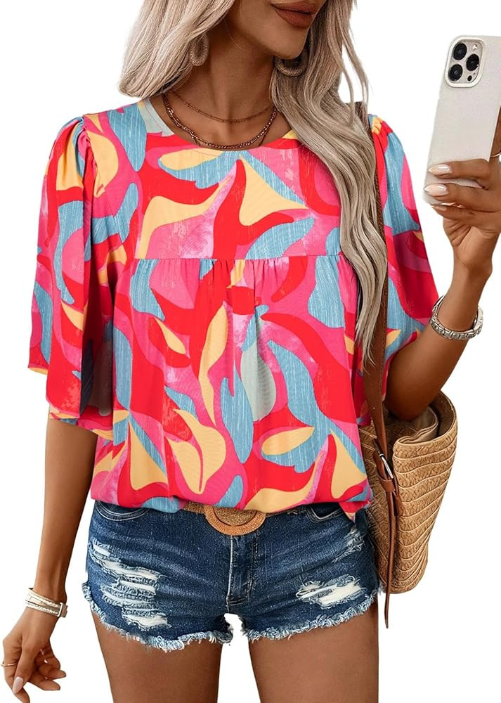 SHEWIN Women's Casual V Neck Floral Print Chiffon Blouses 3/4 Sleeve Boho Summer Tops Shirts | Amazon (US)