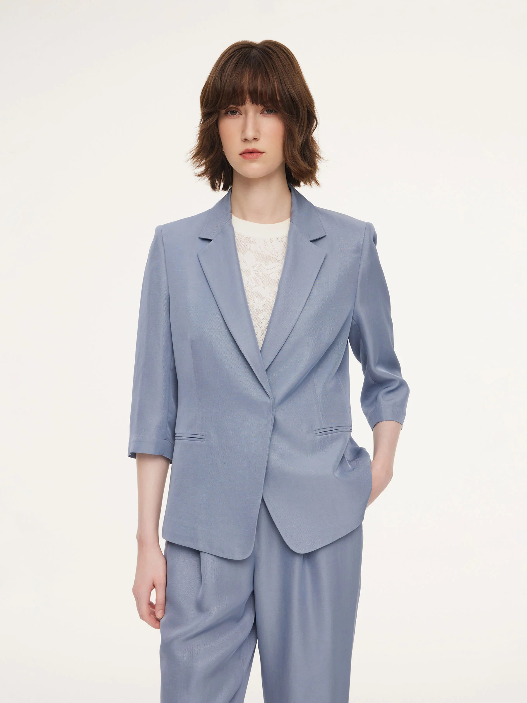 Acetate Tencel Linen Blend Women Blazer - Dusty Blue / S | GOELIA