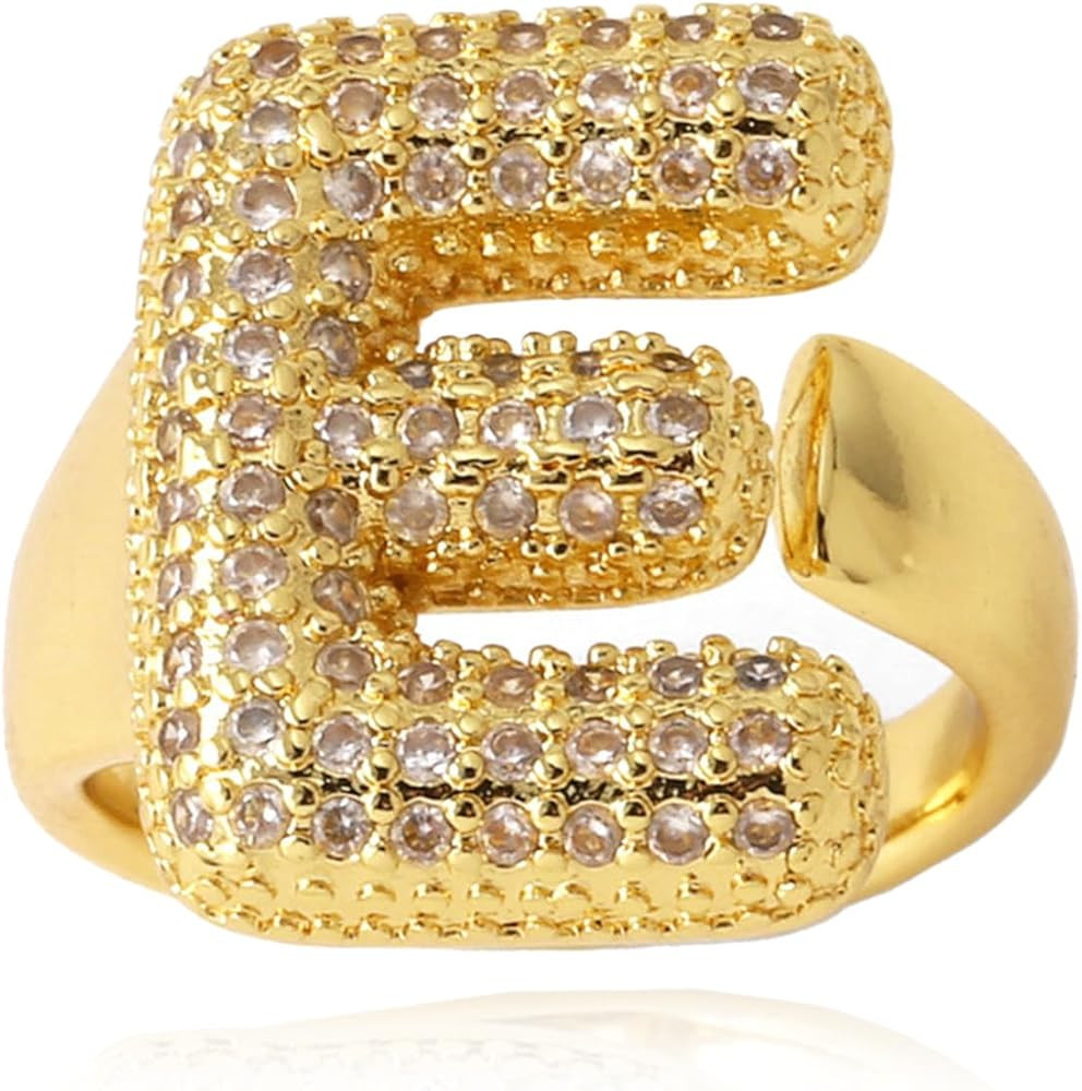 HUASAI Gold Initial Ring for Women 14K Gold Plated Rhinestone Initial Rings Chunky Ballon Letter ... | Amazon (US)