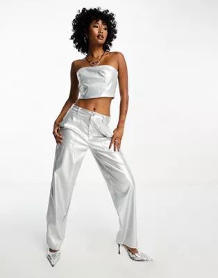 Extro & Vert leather look corset top and trouser co-ord in silver | ASOS (Global)