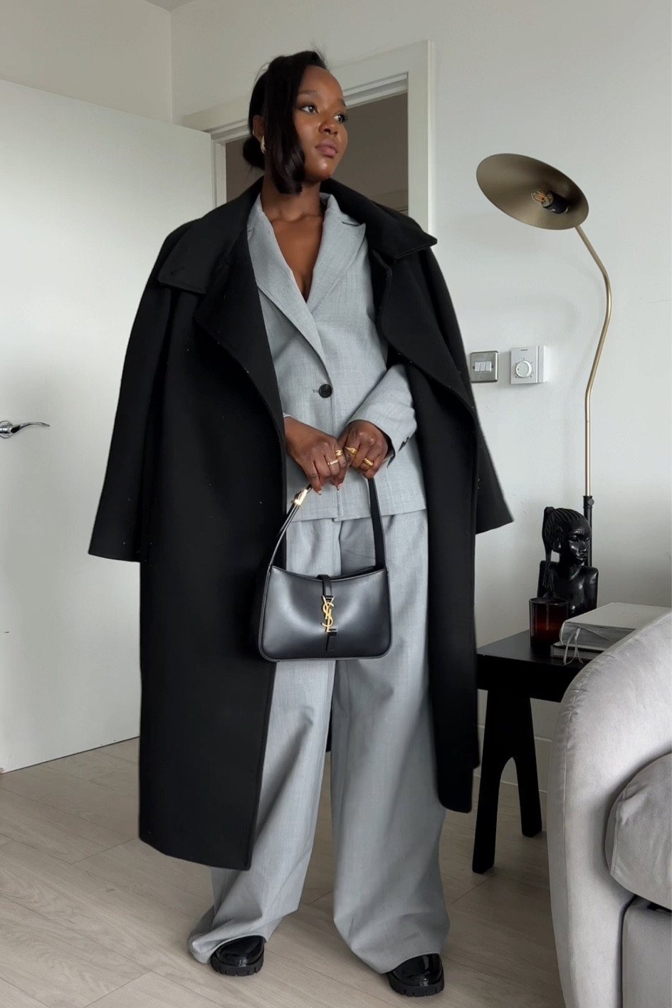 Grey suit, Karen Millen, black maxi coat, black boots, Mango, YSL bag, monochrome outfit, chic style, oversized outfit, black accessories 

#LTKeurope #LTKstyletip #LTKSeasonal