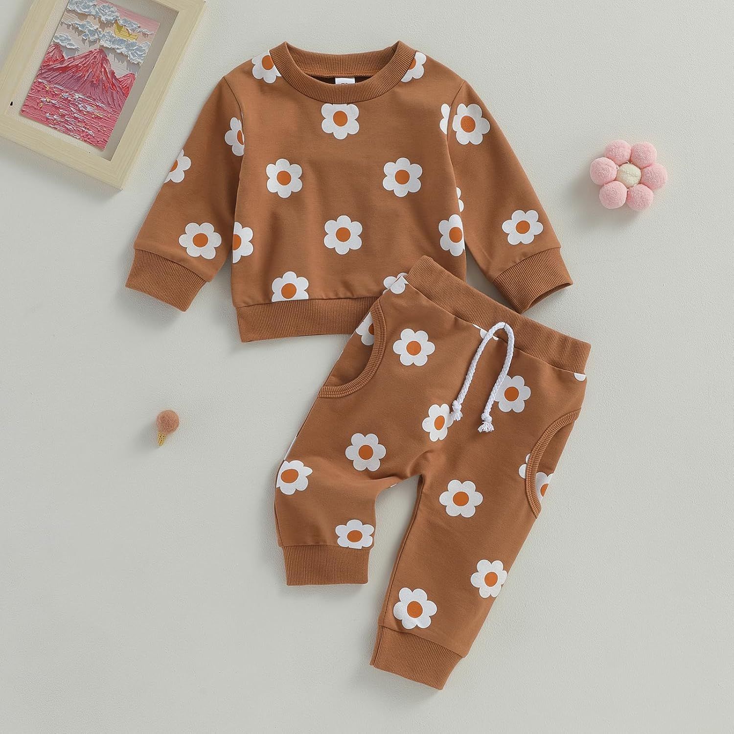MAINESAKA Baby Girl Fall Winter Clothe 2 Piece Toddler Floral Sweatsuit Long Sleeve Crewneck Sweatsh | Amazon (US)