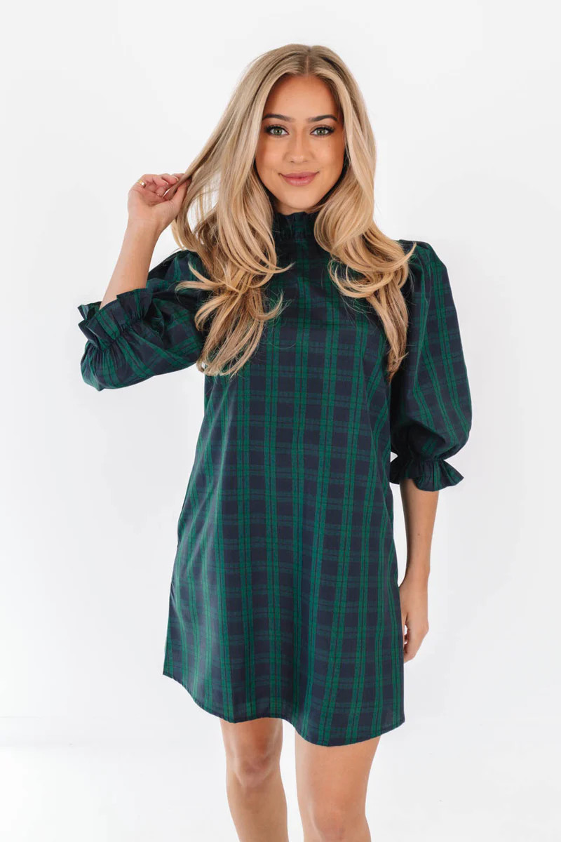 The Joyce Long Sleeve Bow Dress - Green Plaid | The Impeccable Pig