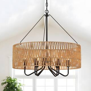 BOHO 24 in. 6-light Black Drum Chandelier with Handwoven Rope Shade for Boho Living Room Dining R... | The Home Depot