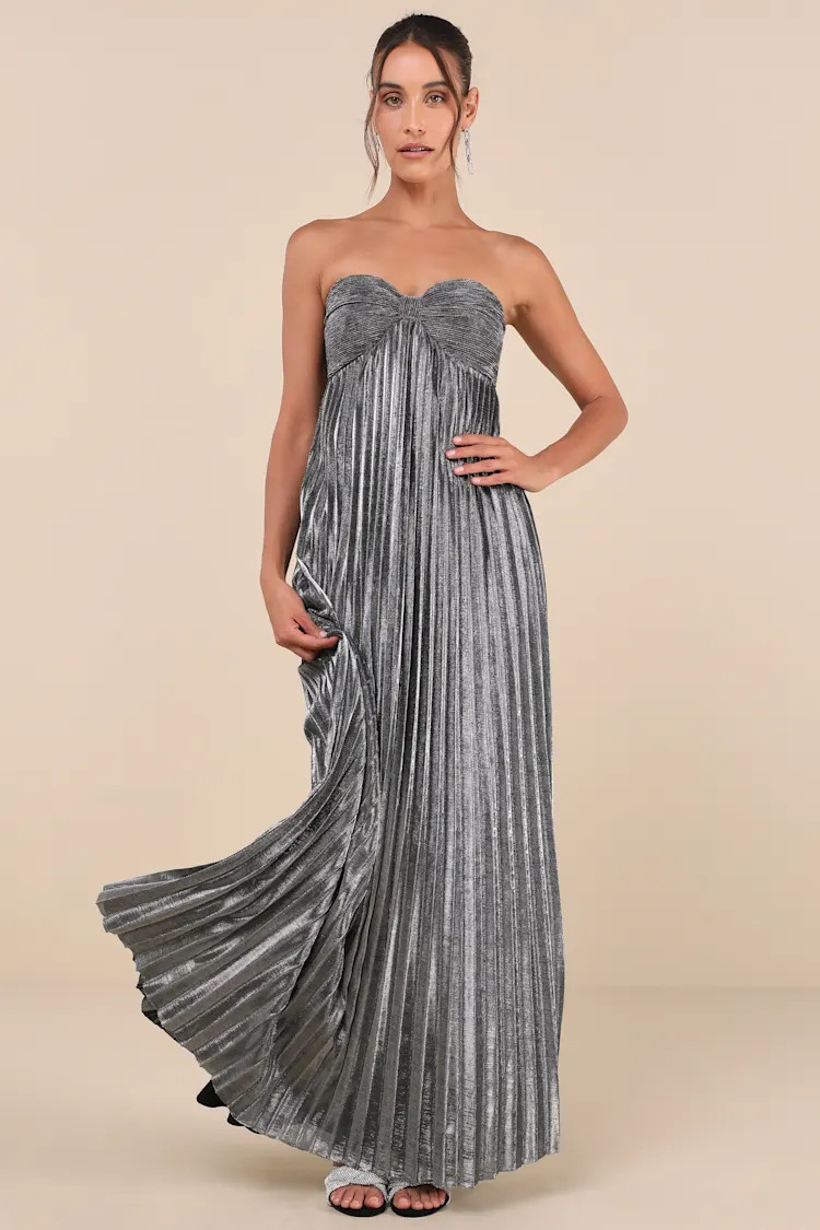 Glittering Luxury Silver Lurex Pleated Strapless Maxi Dress | Lulus