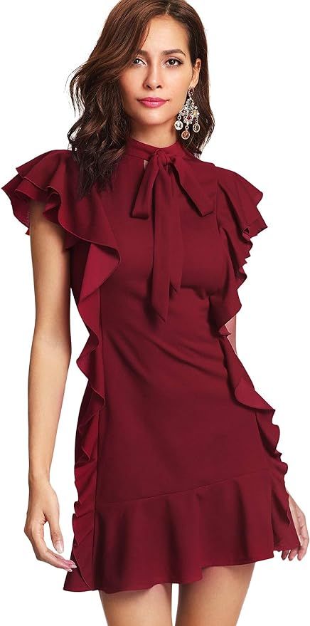 Floerns Women's Tie Neck Short Sleeve Ruffle Hem Cocktail Party Dress | Amazon (US)