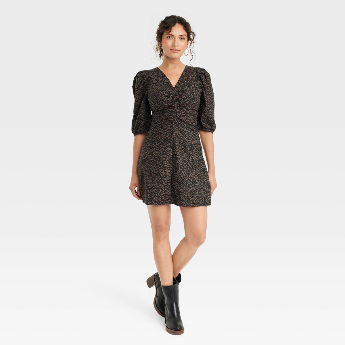 Women's Elbow Puff Sleeve Ruched Mini Dress - Universal Thread™ Brown 8 | Target