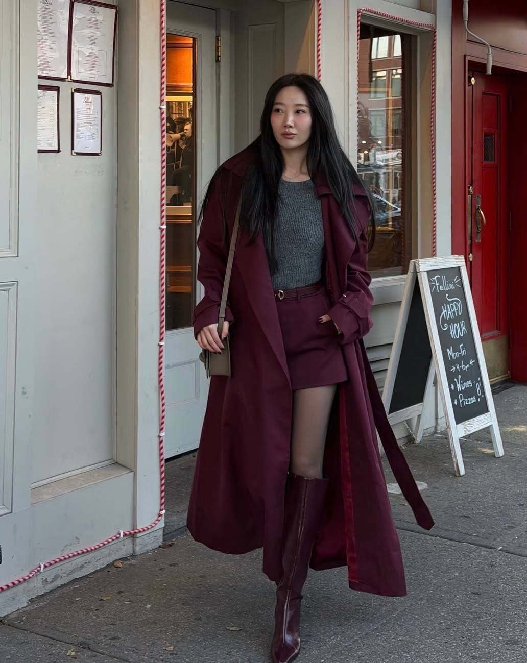Burgundy mini skirt

Grey sweater 

Burgundy coat 

Burgundy boots 

#LTKWorkwear #LTKHoliday #LTKPetite