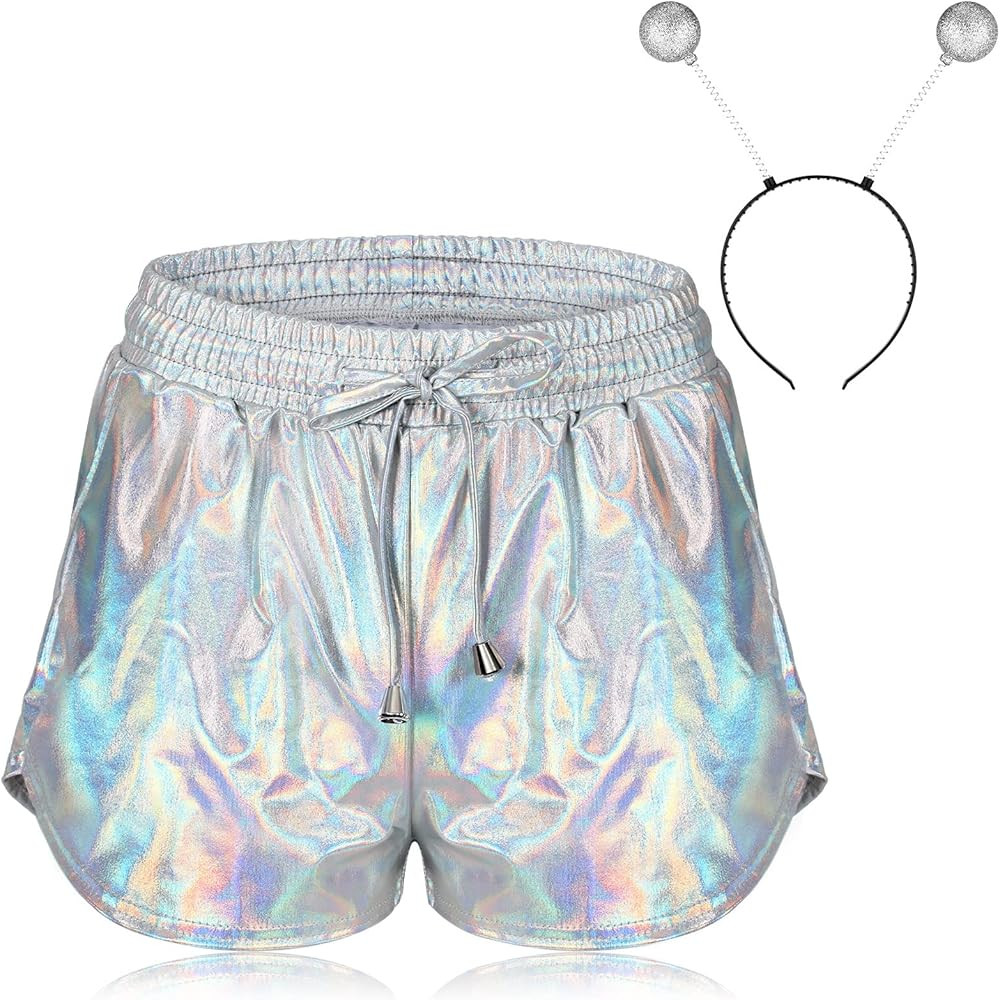 Vicenpal Women's Metallic Shorts with Alien Headband Antenna Silver Costume Shiny Summer Pants Elast | Amazon (US)