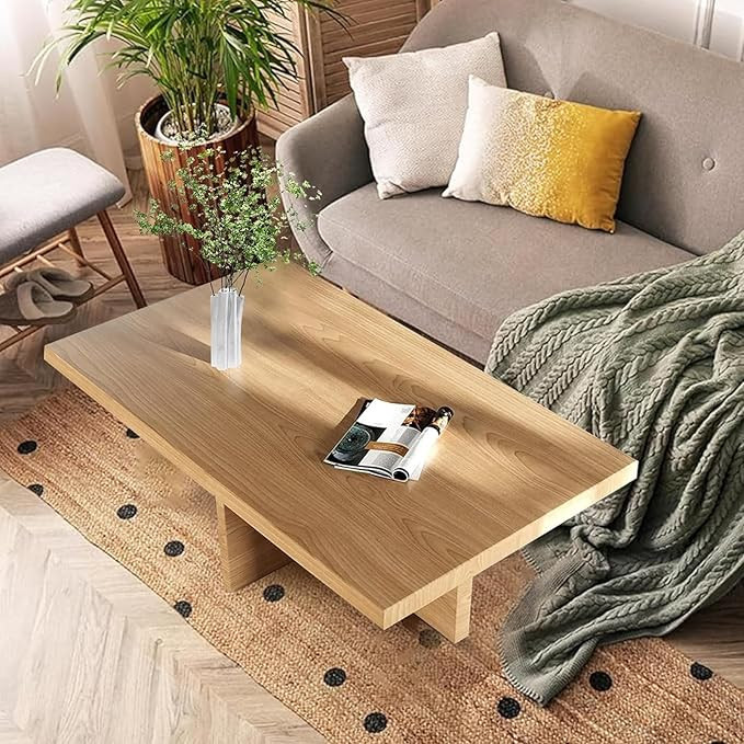 Rectangle Solid Wood Coffee Table, Modern Pine Wood Coffee Table with Cross Legs, Rustic Centre T... | Amazon (US)