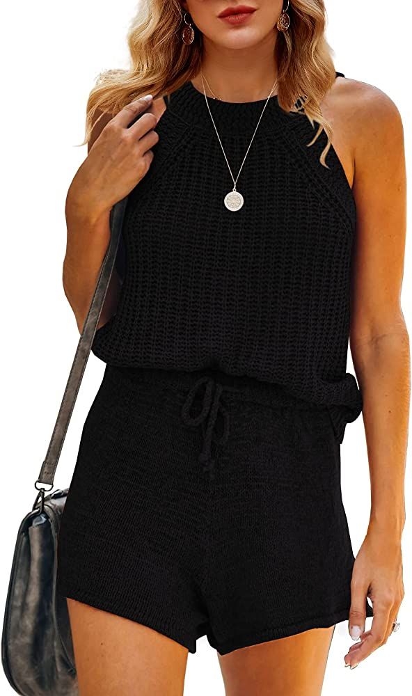 Saodimallsu Womens Two Piece Outfits Summer Halter High Neck Tank Top Ribbed Knit Sleeveless Shirts  | Amazon (US)