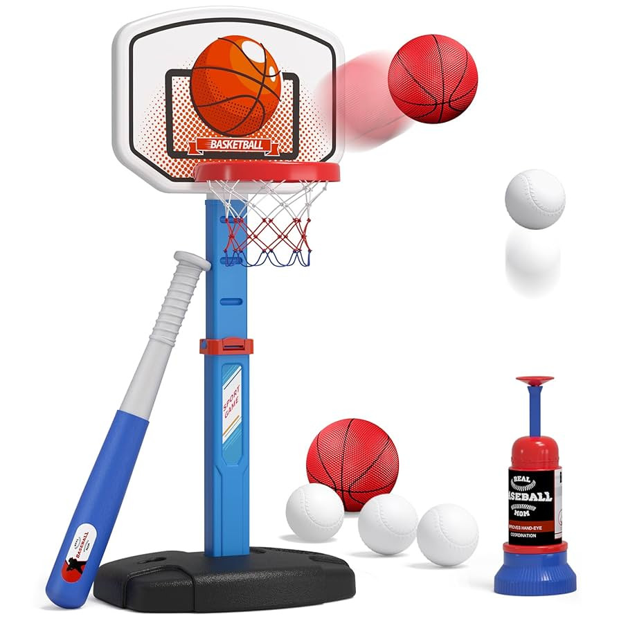 2 in 1 Kids Basketball Hoop and T Ball Set - Adjustable Height, Kids Baseball Tee with Automatic ... | Amazon (US)