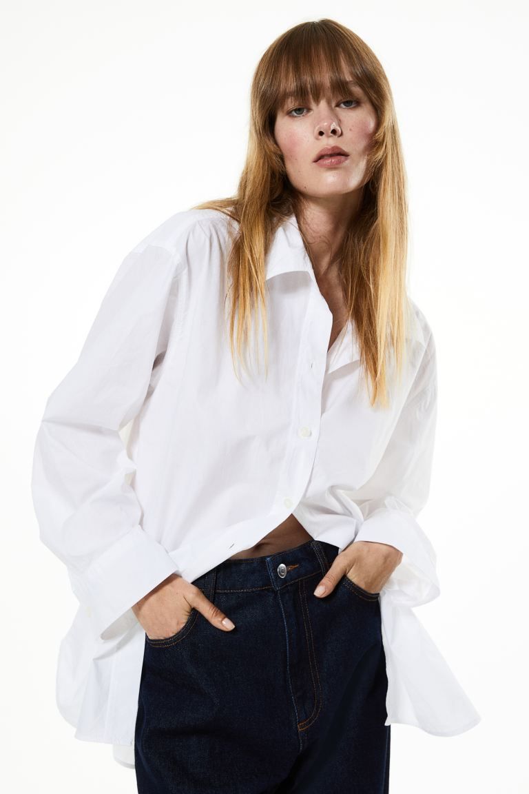 Cotton Shirt - Long sleeve - Long - White - Ladies | H&M US | H&M (US + CA)