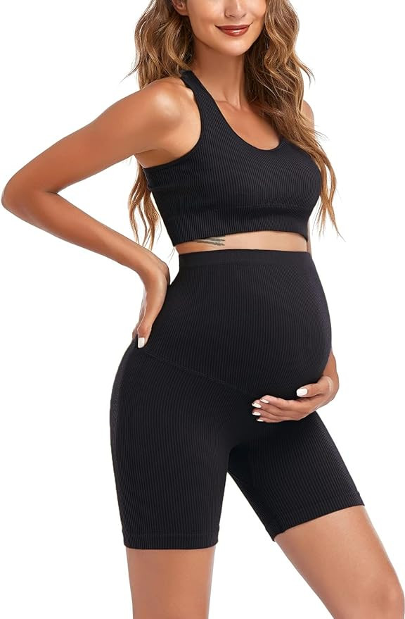 Women's Maternity 2 Piece Outfit Set - Bra & Shorts for Pregnancy - Yoga workout Lounge Wear Sets | Amazon (US)