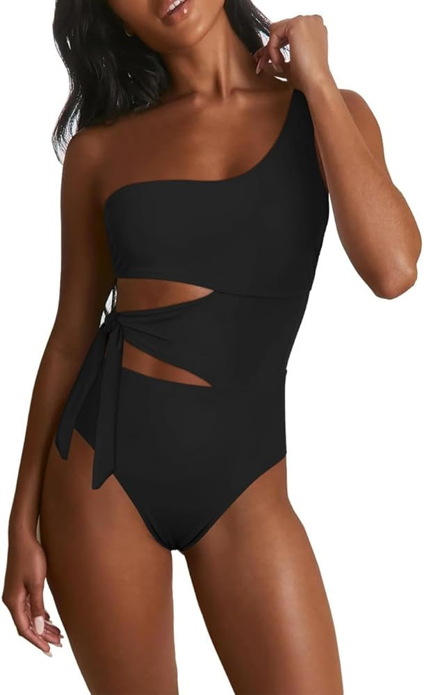 Hilor Women's One Shoulder Swimsuit Sexy Cutout Swimwear Cute Tie Side One Piece Bathing Suits | Amazon (US)