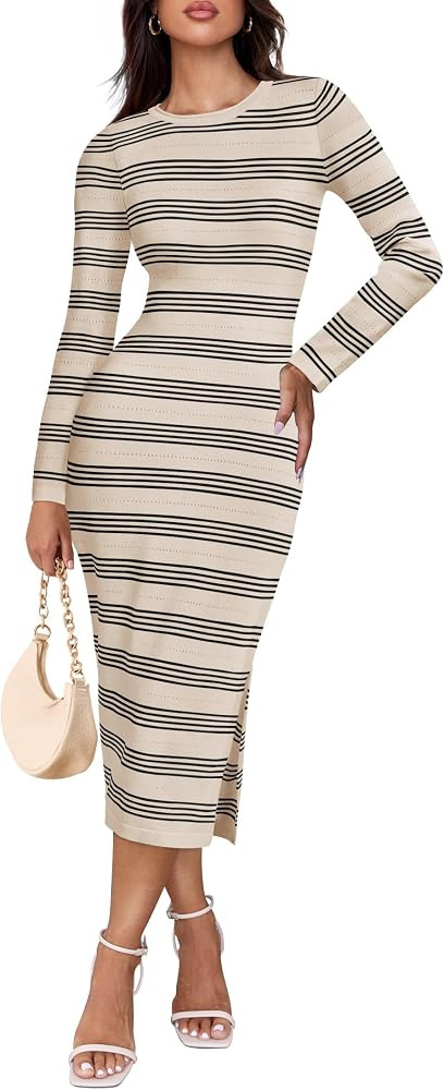 ZESICA Women's Fall Long Sleeve Striped Knit Midi Dresses Crewneck Side Slit Bodycon Sweater Dres... | Amazon (US)
