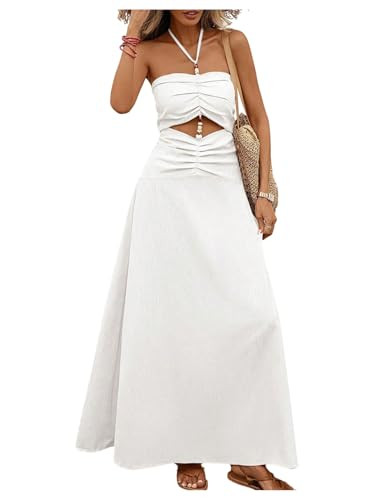 SOLY HUX Women's Halter Maxi Dress Summer Ruched Cut Out Beaded Flowy Dresses Beach Vacation Clot... | Amazon (US)