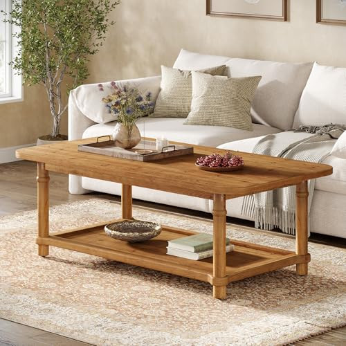 TRIBEWOOD 47" Rectangle Coffee Table, Solid Wood Center Table with 2-Tier Storage, Modern Farmhouse Coffee Furniture for Living Room, Home & Family Room, Light Brown | Amazon (US)