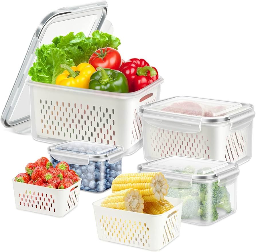 ODOMU 4 Pack Fridge Food Storage Container with Lids, Plastic Fresh Produce Saver Keeper for Vege... | Amazon (US)