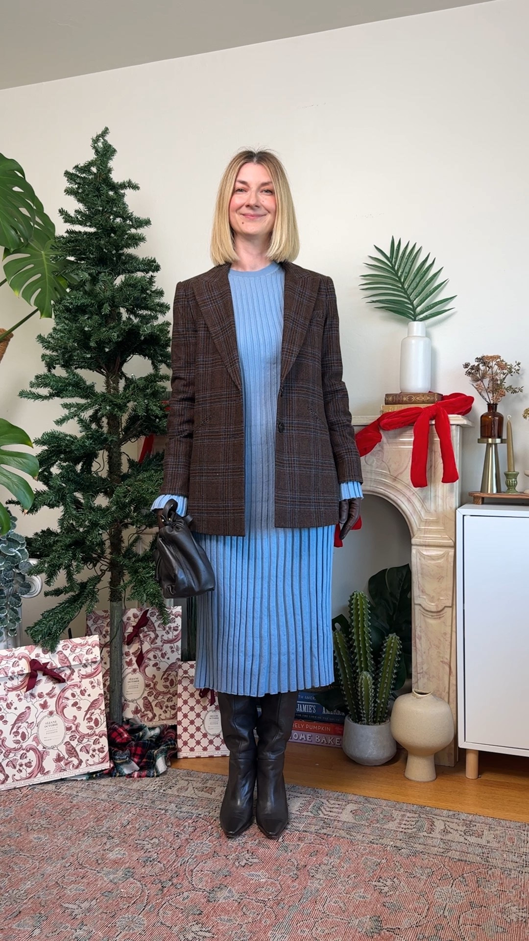 Mini knit dress (cotton and cashmere blend) paired with a wool plaid blazer, knee high leather boots and leather gloves. This OOTD is chic, effortless and stylish ✨

#LTKootd