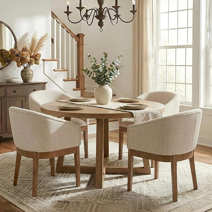 Mid Century Modern Upholstered Barrel Dining Chairs with Arms Set of 4, Farmhouse Linen Kitchen &... | Amazon (US)