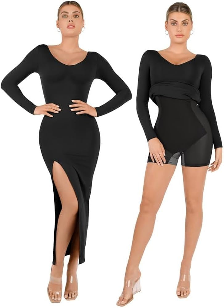 Popilush Shaper Dress Built - in Shapewear Bra Long Sleeve V-Neck Split Maxi Bodycon Fall Wedding... | Amazon (US)