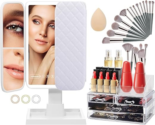 Makeup Mirror -52 LED Mirror + Cosmetic Jewelry Organizer + Makeup Brushes Set, 2000mAh Rechargea... | Amazon (US)