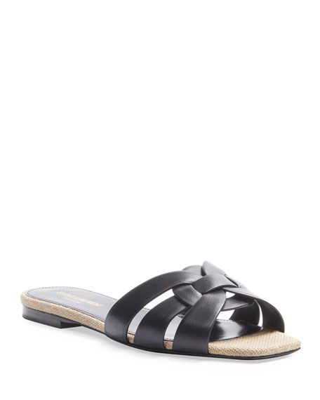 Saint Laurent Tribute Flat Leather Slide Sandals with Rope Footbed | Neiman Marcus