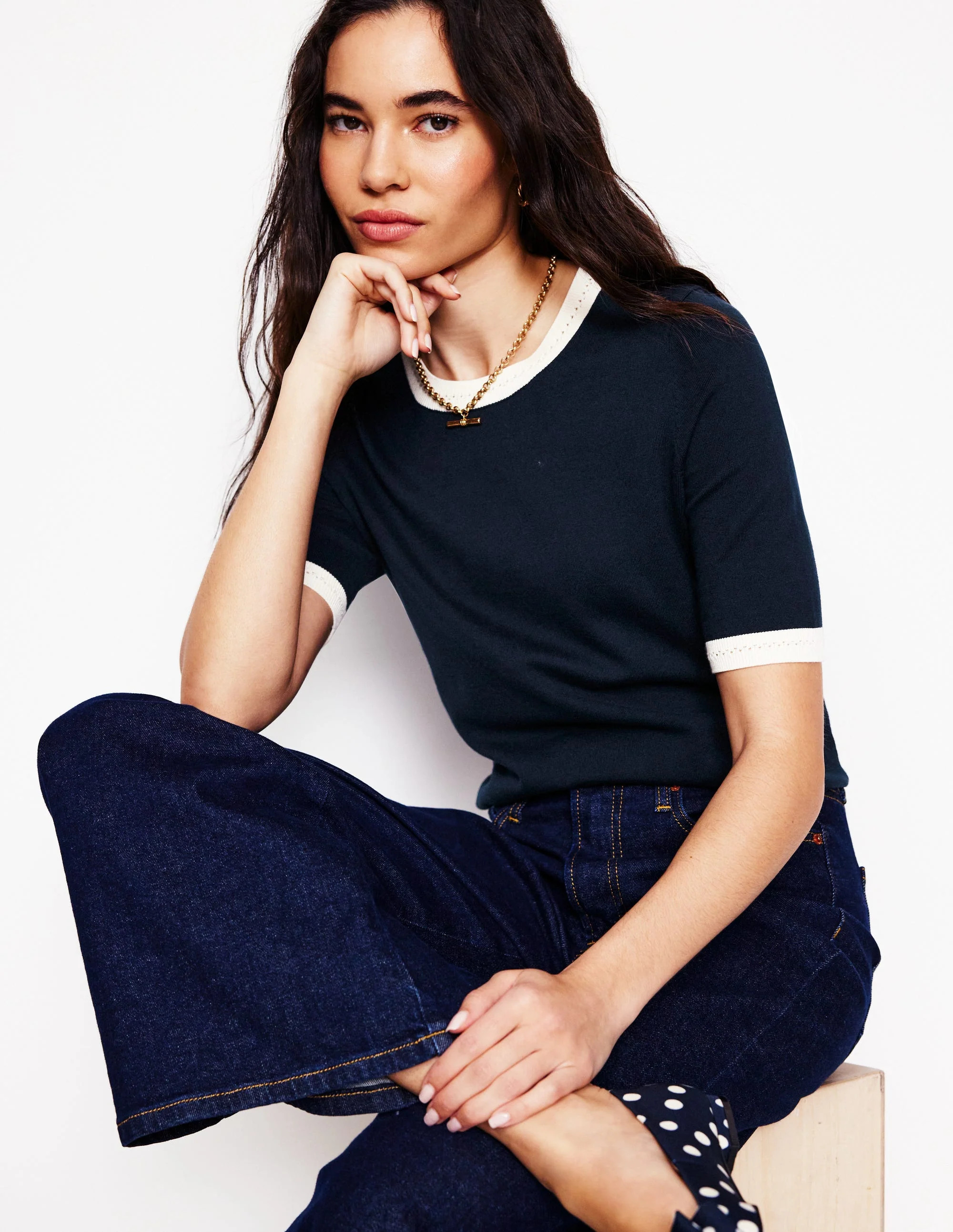 Emilia Cotton Crew T-shirt-Navy, Warm Ivory | Boden (US)