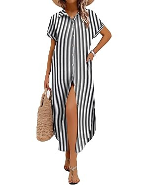 Zeagoo Womens Dresses Casual Summer Short Sleeve Button Down Long Shirt Dresses Swimsuit Beach Co... | Amazon (US)