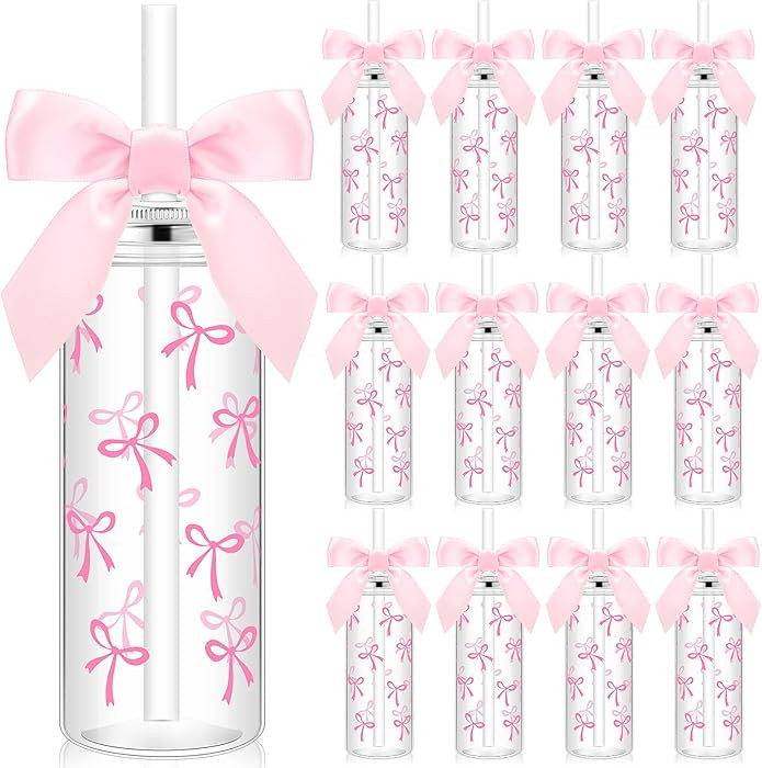 Skylety 12 Pcs 14oz Pink Bow Plastic Bottle with Straw Lid and Twist Bow Disposable Coquette Bott... | Amazon (US)