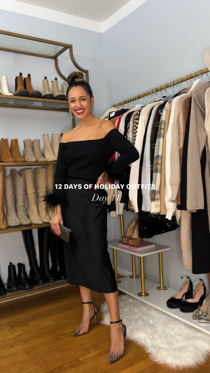 12 DAYS OF HOLIDAY OUTFITS ✨Day 11 of 12 

An all black festive chic look with feathers and satin 💋

Absolutely loveee that this top has a boat neckline and off the shoulder look for that extra dash of sass 😉. Pair it with a satin midi skirt like I did or with faux leather pants for a more casual look.  

How to Shop my Reel: 
Click the link in bio to shop my outfit and follow me @julissa.pio on the @shop.ltk free app for more festive outfit ideas!🛍️
.
.
.
.
.
.
Holiday outfit 
Christmas outfit
Holiday party outfit 
Outfit inspo
Holiday look
New Year’s Eve outfit


#winterstyle #petitefashion #holidayoutfits #holidayoutfitinspo #outfitideas #holidayseason #outfitideas4you #petitefriendly #christmasoutfit #newyearseveoutfit #fashionreels #holidaypartyoutfit #styleover30 #whattowearnow

#LTKSeasonal #LTKsalealert #LTKHoliday