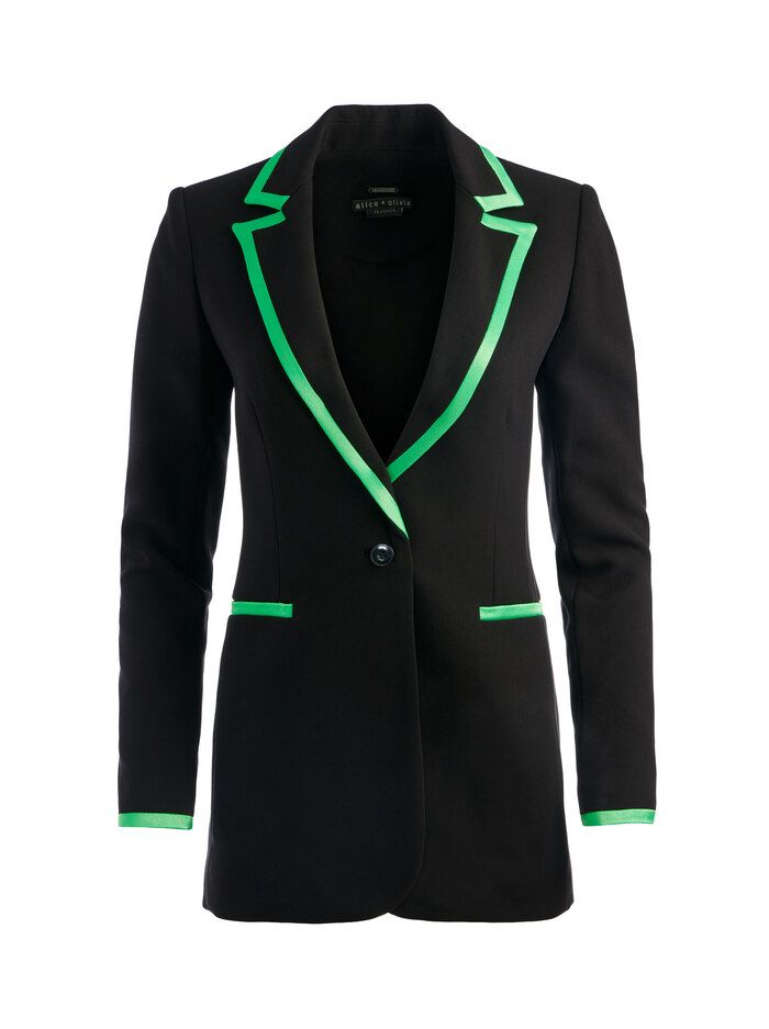 BREANN LONG FITTED BLAZER WITH PIPING | Alice + Olivia