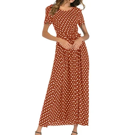 Grianlook Ladies Sexy High Waist Long Dress Crew Neck Belted Maxi Dresses Work Short Sleeve Summer B | Walmart (US)