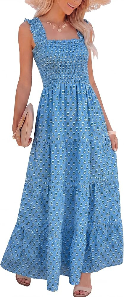 Caracilia Womens Summer Maxi Dresses Floral Smocked Sleeveless Ruffle Boho Casual Flowy Aline Bea... | Amazon (US)