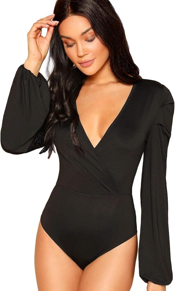 SweatyRocks Women's Sexy Deep V Neck Wrap Front Long Sleeve Bodysuits Jumpsuits | Amazon (US)