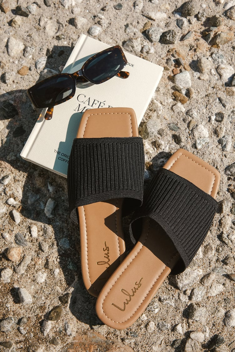 Beckee Black Ribbed Knit Square Toe Slide Sandals | Lulus